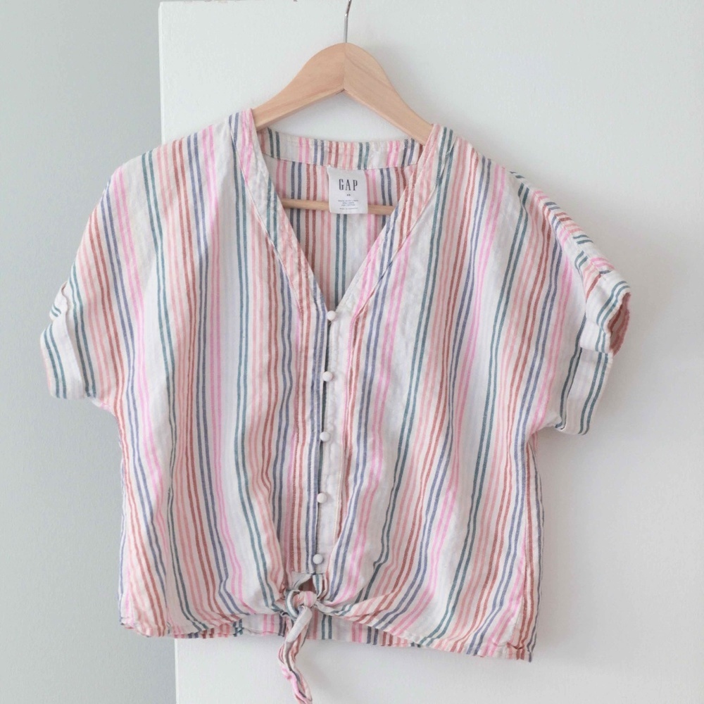 Gap Rainbow Stripe Linen Blend Button Down Short Sleeve Beachy Blouse XS